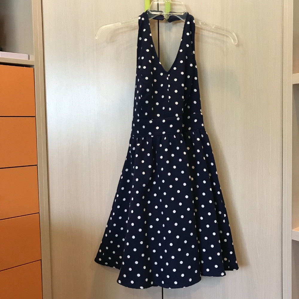 Navy Blue Halter Neck Polka Dot Dress